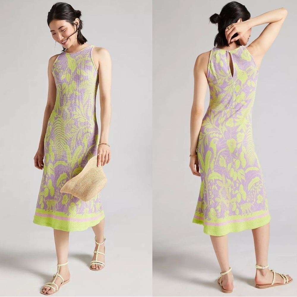 Anthropologie x FARM Rio Textured Knit Midi Purple & Neon Bird Print Dress Small